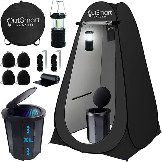 Outdoor Portable Toilet Set for Adults with Camping Night Lantern, Folding XL Toilet, Pop Up Privacy Tent and Carry Bags, Multipurpose Potty, Washable and Foldable for RV Travel