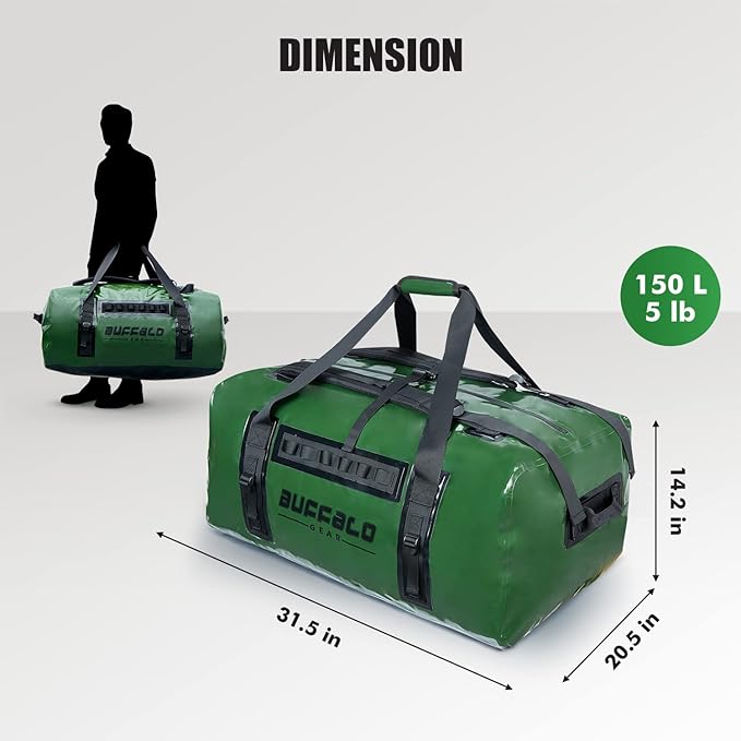 Buffalo Gear Large Waterproof Dry Bag - 150L Super Waterproof Duffel Bag Heavy Duty Waterproof Travel Bag for Boating Kayaking Motorcycling Hunting Camping