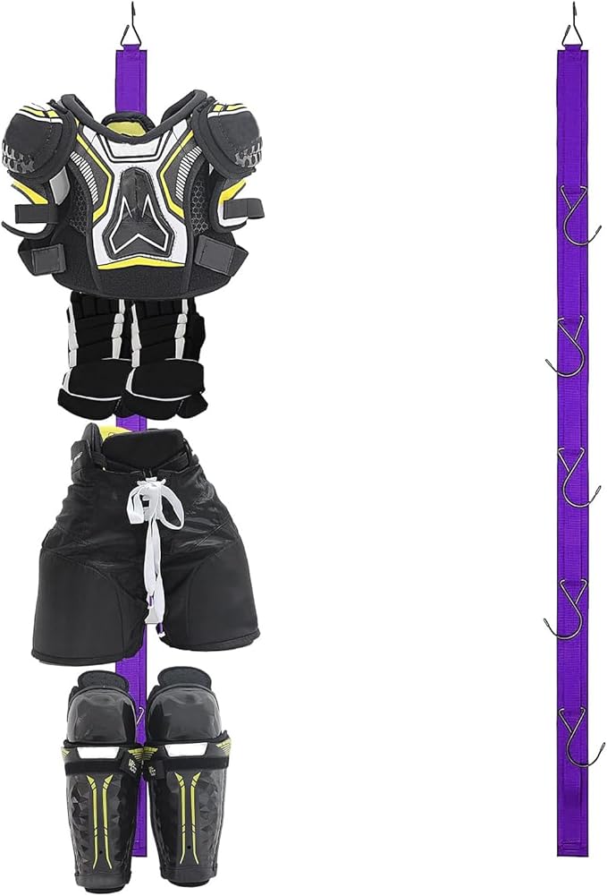 Hockey Hanger Portable Hanging Dryig Rack Hockey Gifts for Home and Outdoor Using in Ice Hockey Skating Football Camping Fishing 5 Hooks (Purple)