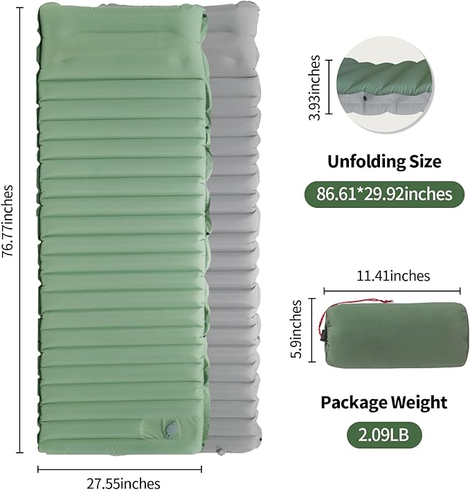 Camping Sleeping Pad - Camping Mattress, 4" Thick Ultra-Light, Pillow Built in Foot Pump, Thickened and Silent Anti-air Leakage, Hiking Camping, Family Trips Green