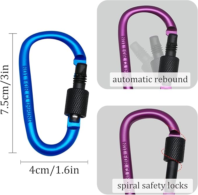 6 Pack Small Locking Carabiner Clips - 3 Inch Aluminum Alloy D-Ring Key Hooks with Twist Lock, Secure for Keys, Pet Leash, Travel Accessories (Not for Climbing)