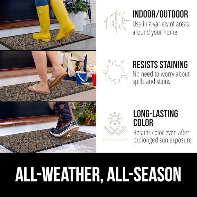 GORILLA GRIP 100% Waterproof All-Season WeatherMax Doormat, 72x24 Runner, Durable Natural Rubber, Stain and Fade Resistant, Low Profile, Indoor Outdoor Door Mats, Easy Clean Mat, Latte Quatrefoil