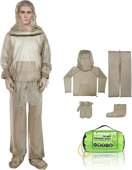 4-Piece Net Suit XXL, Full Body Jacket with Zippered Hood, Pants, Gloves & Foot Covers, Thickened Breathable Mesh, Adjustable Fit for Men & Women, Lightweight for Outdoor, Camping, Fishing & Gardening