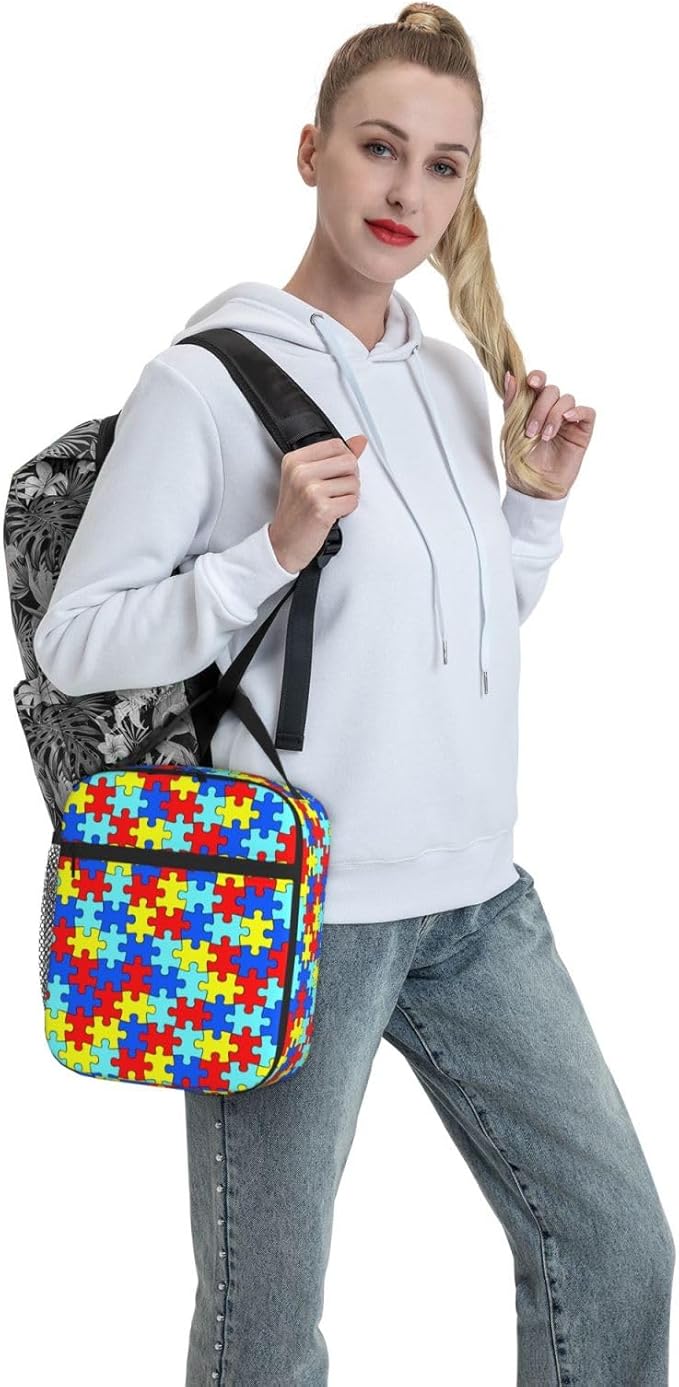 Colorful Puzzle Rainbow Piece Insulated Lunch Bag Reusable Cooler Lunch Box Portable Leakproof Thermal Container Tote Bags for Girls Boys School Travel