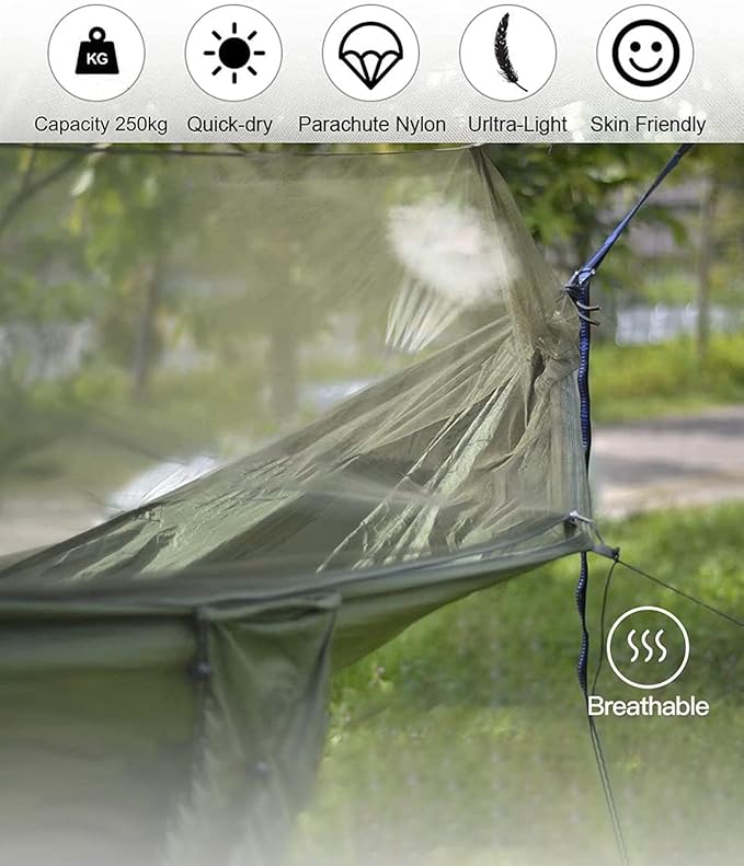 Camping Hammock with Mosquito Net - Ultra Lightweight Durable Double/Single Travel Hammock 210T Parachute Nylon with Tree Straps 660lbs Capacity for Garden Camping Backpacking, Camo
