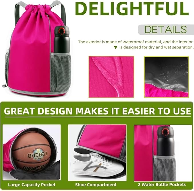 BLIRITEL Drawstring Backpack Sports Gym Bag, Multifunctional Soccer Backpack, Waterproof Soccer Bag for Men Women, String Basketball Bag Football Volleyball Backpack with Shoes Compartment (Rose)