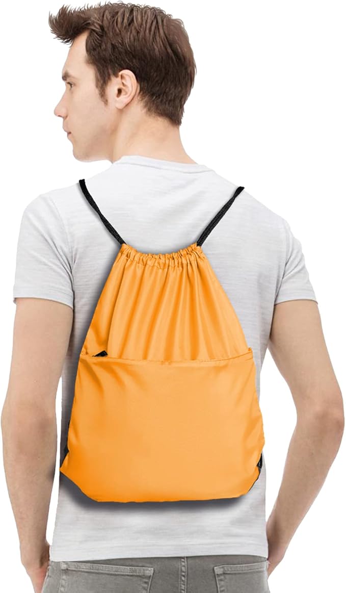 BuyAgain Drawstring Backpack Sports Water Resistant String Bag Sport Gym Sackpack for Women Men Large with Zipper, Orange