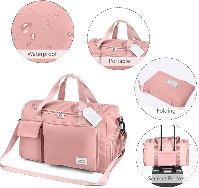 Travel Duffel Bag, Foldable Gym Bag with Luggage Tag, Large Capacity Weekend Overnight Bags with Wet and Dry Separation Bag, Waterproof Sports Tote Bag, for Travel, Sports, Gym (Pink)
