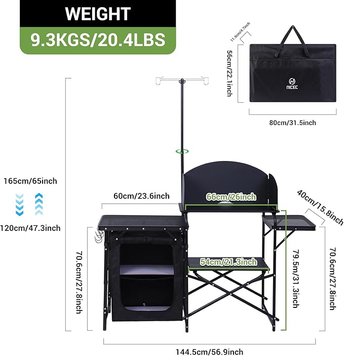 Nice C Camping Kitchen Station, Folding Table & Organizers, Upgrade Light Stand and Windshield Cooking Station, Carry Bag for Beach, Picnic (Black)