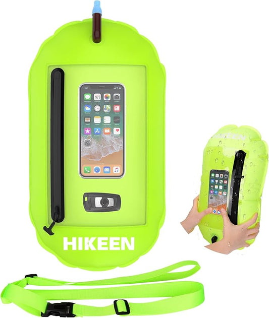 Hikeen Swim Buoy -Waterproof Touchscreen Storage Space, Swim Safety Float w/Adjustable Waist Belt for Open Water Swimmers and Triathletes -Be Bright,Be Safer & Be Seen Green