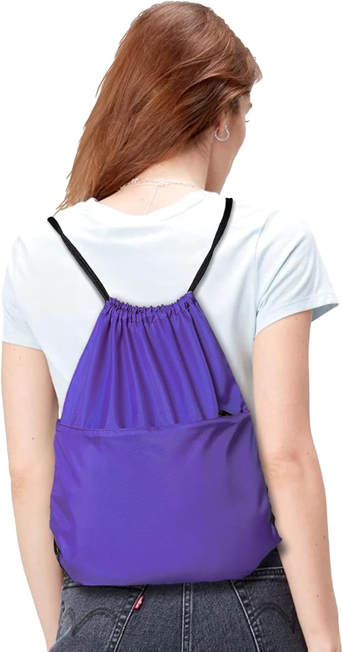 BuyAgain Drawstring Backpack Sports Water Resistant String Bag Sport Gym Sackpack for Women Men Large with Zipper, Purple