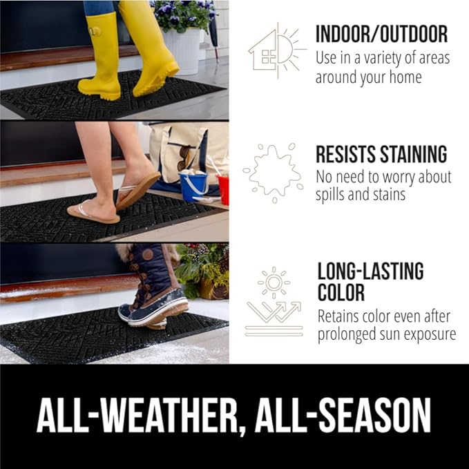GORILLA GRIP 100% Waterproof All-Season WeatherMax Doormat, Durable Natural Rubber, Stain and Fade Resistant, Low Profile, Indoor Outdoor Door Mats, Easy Clean Patio Entrance Mat, 17x29, Black Diamond