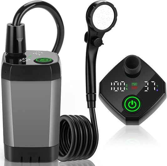 Portable Shower for Camping, Rechargeable Camping Shower Pump with LED Display of Battery Level and Temperature, Lasting-150 Mins, Suitable for Outdoor Shower, Pet Bath, Car Washing