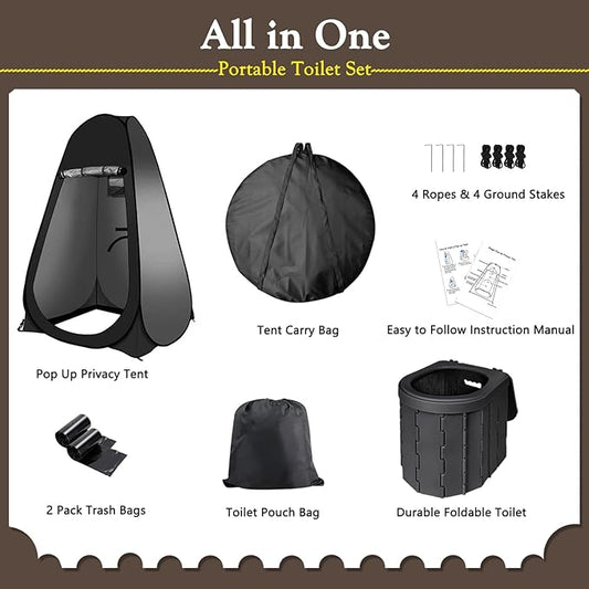 Portable Outdoor Camping Toilet Kit for Adults,Pop Up Privacy Tent, Camping Folding Toilet, 30 Toilet Bags, Washable Foldable for Travel, RV, Car, Beach, Hiking
