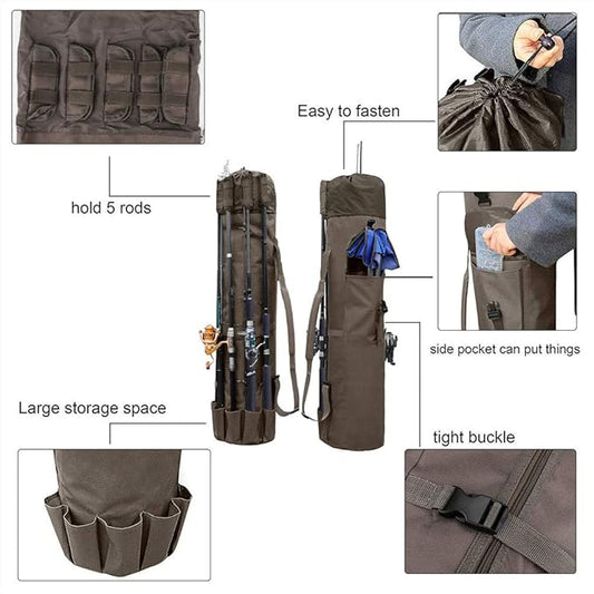 Allnice Durable Canvas Fishing Rod & Reel Organizer Bag Travel Carry Case Bag- Holds 5 Poles & Tackle