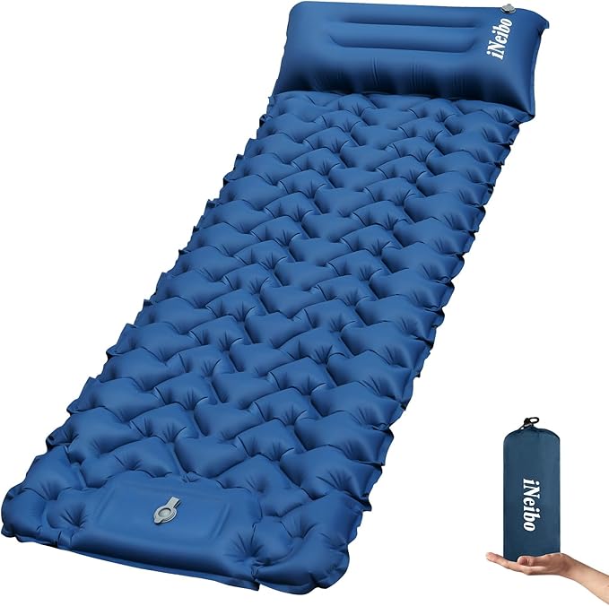 iNeibo Sleeping Pad for Camping - Inflatable Sleeping Pad with Pillow Built-in Foot Pump Compact Camping Air Mattress for Hiking Camping Backpacking Tent Car Traveling (Blue, Single)
