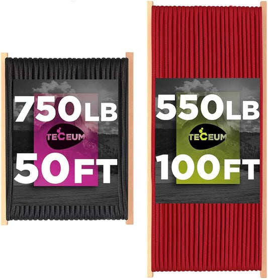 Bundle of 2 Items – TECEUM Paracord Type IV 750 lb Black 50 ft & Type III 550 Red (Fire) 100 ft – 4mm – Nylon Strong Tactical MIL–SPEC Parachute Cord – Survival Emergency EDC Camping Hiking Military