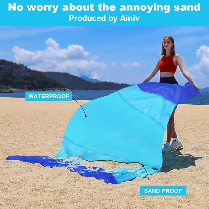 Beach Blanket Beach Mat, Sandproof Waterproof Beach Mat, Extra Large 82 * 79 in (5-7 People) Picnic Blanket with 1 Storage Bag, 1 Carabiner & 4 Fixed Nails for Beach, Camping, Hiking, Picnic