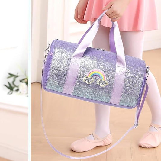 Ballet Dance Bag for Girls Shiny Rainbow Glitter Sports Duffle Bags for Girls Ballerina Duffle with Waterproof Dry Wet Separated Compartment