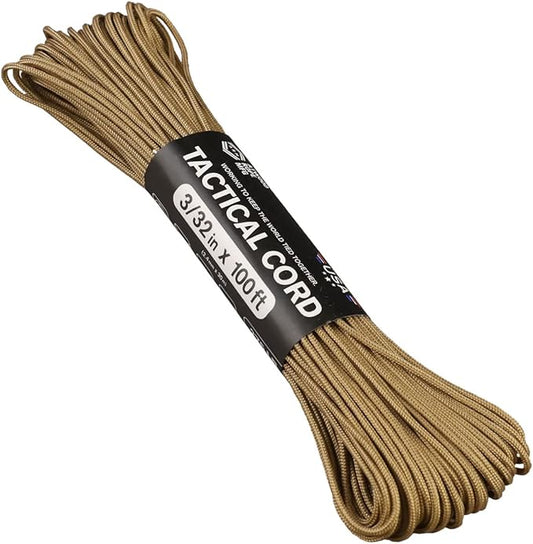 Atwood Rope MFG 275 Tactical Paracord 100 Feet 4-Strand Core Nylon Parachute Cord Outside Survival Gear Made in USA | Lanyards, Bracelets, Handle Wraps, Keychain (Tan)