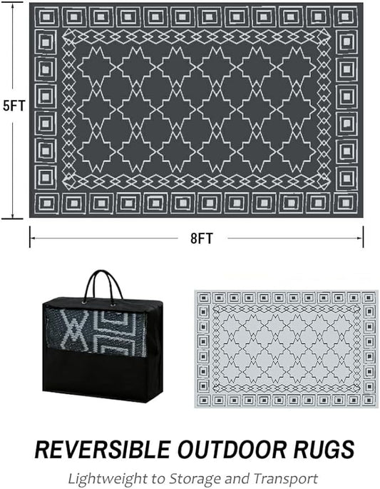 LILIOFFIC Outdoor Rugs - Reversible Mats, 5'x8' Plastic Straw Rug for Patio Clearance Waterproof, Indoor Outdoor Area Rug Carpet for Outside, RV, Deck, Picnic, Beach, Trailer, Camping(Grey)