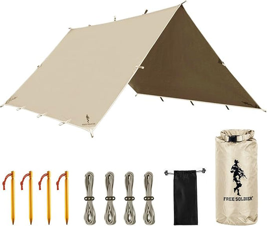 FREE SOLDIER Camping Tarp Waterproof Portable Multifunctional Outdoor Traveling Awning Backpacking Shelter Rain Tarp (Beige 10×10.5ft)