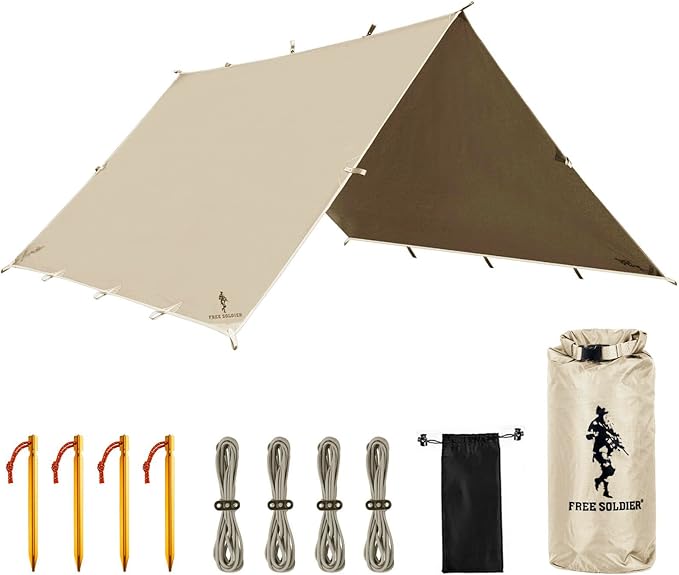 FREE SOLDIER Camping Tarp Waterproof Portable Multifunctional Outdoor Traveling Awning Backpacking Shelter Rain Tarp (Beige 10×10.5ft)