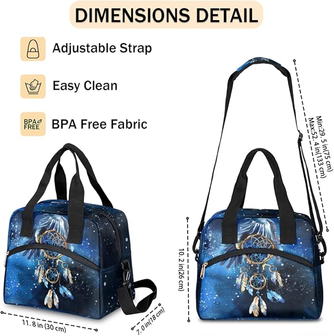 Blue Galaxy Watercolor Dream Catcher Insulated Lunch Bags for Women Men Adult Reusable Lunch Tote Therma Cooler Bag with Shoulder Strap Lunch Box for School Work Office Picnic Meal Prep Bag
