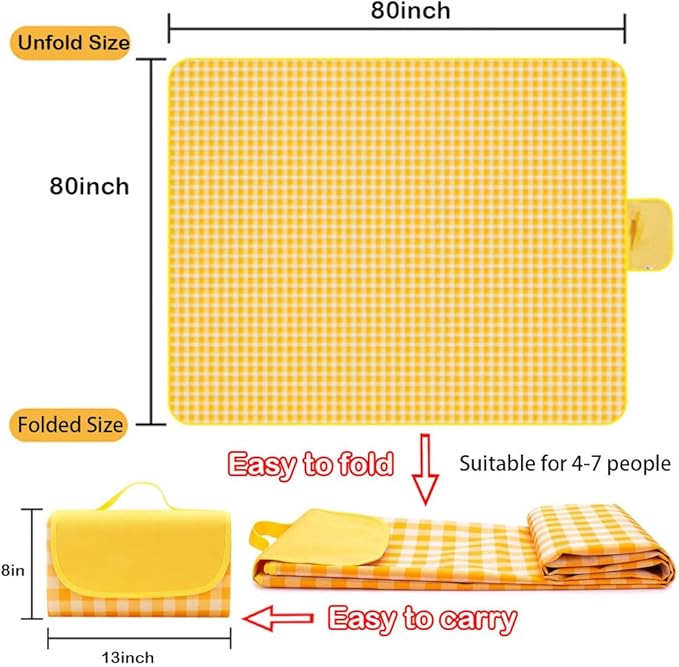 Extra Large Picnic Blanket Beach Blankets, 80''x80'' Picnic Mat Waterproof Sand Proof Foldable Portable for Outdoor Camping Hiking Travel Grass Park Music Festival Lawn Mats (yellow, 80x80 inch)