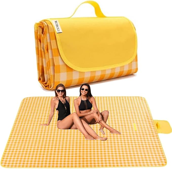 Extra Large Picnic Blanket Beach Blankets, 80''x80'' Picnic Mat Waterproof Sand Proof Foldable Portable for Outdoor Camping Hiking Travel Grass Park Music Festival Lawn Mats (yellow, 80x80 inch)