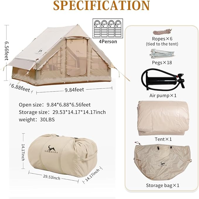 Inflatable Camping Tents Air Glamping Tents 4 Season Waterproof Easy Set up Cabin House Tent Blow up Tent for Family Camping