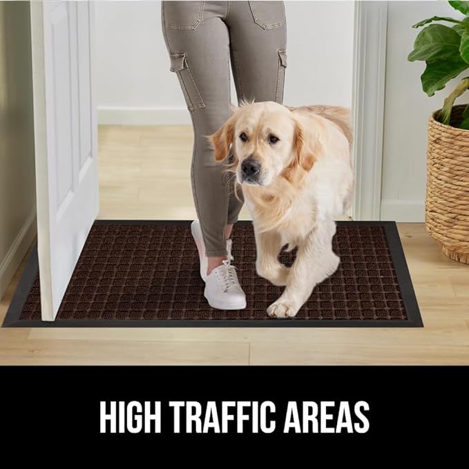 GORILLA GRIP 100% Waterproof All-Season WeatherMax Doormat, 23x35, Durable Natural Rubber, Stain and Fade Resistant, Low Profile, Indoor Outdoor Door Mats, Easy Clean Patio Entry Mat, Coffee Squares