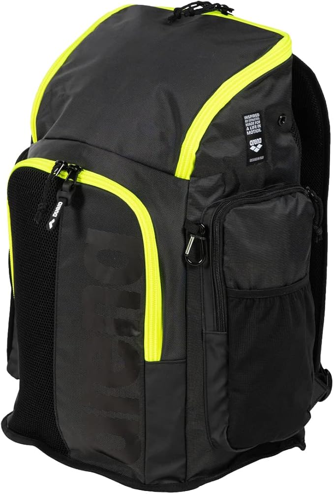 Arena Spiky III Backpack 45 Swimming Athlete Sports Gym Rucksack Large Training Gear Equipment Swim Bag for Men and Women, 45 Liters, Dark Smoke/Neon Yellow