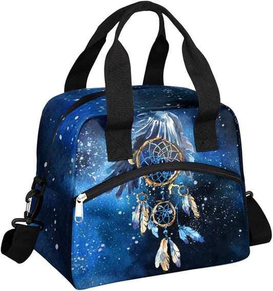 Blue Galaxy Watercolor Dream Catcher Insulated Lunch Bags for Women Men Adult Reusable Lunch Tote Therma Cooler Bag with Shoulder Strap Lunch Box for School Work Office Picnic Meal Prep Bag