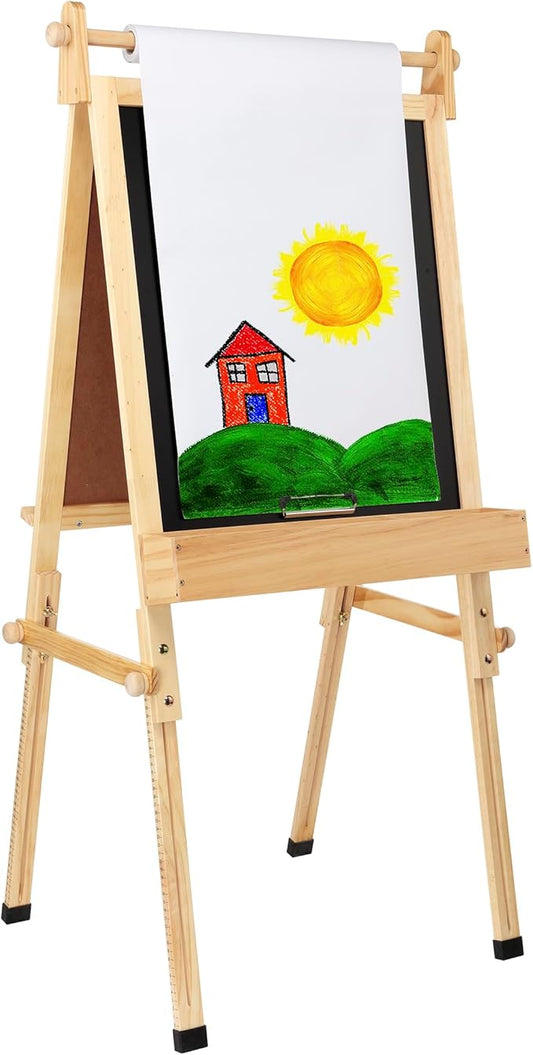 Fundamentals Kids Art Easel 3 in 1 Multipurpose Wooden Art Easel, Chalk Board & Dry Erase White Board & Paper Roll with Paper Clamp Adjustable Height 36.5"- 51" - Natural Finish