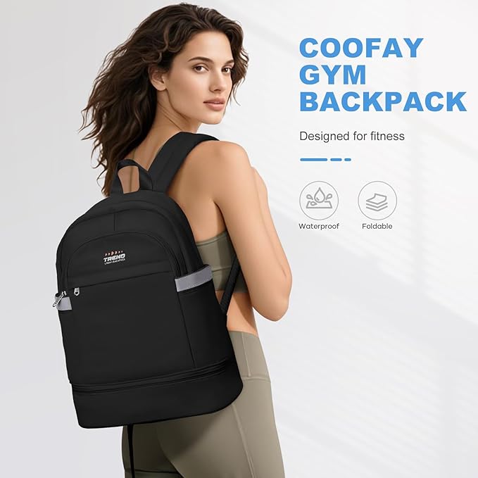 coofay Black Gym Backpack For Women Men Travel Backpack With Shoe Compartment Waterproof Sports Bag Gym Bag Dance Backpacks For Dancers