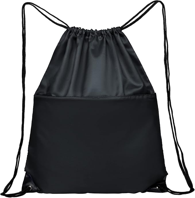 BuyAgain Drawstring Backpack Sports Water Resistant String Bag Sport Gym Sackpack for Women Men Large with Zipper, Black