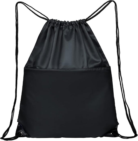 BuyAgain Drawstring Backpack Sports Water Resistant String Bag Sport Gym Sackpack for Women Men Large with Zipper, Black