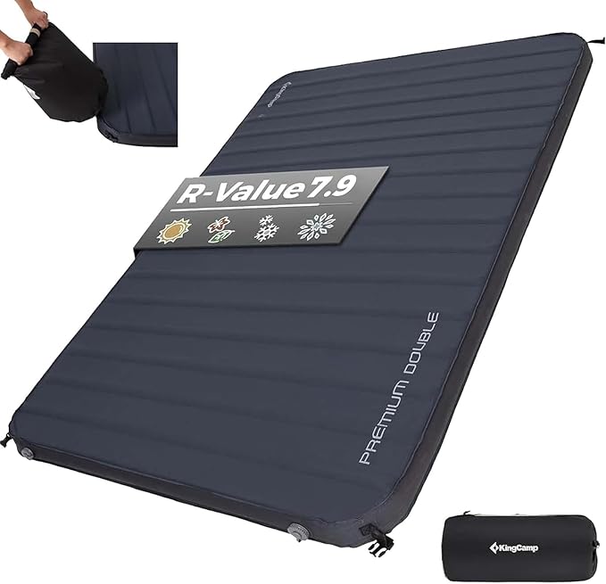 KingCamp Double Sleeping Pad, 2 Person Queen R 7.1/7.9 Self Inflating Sleeping Pad, 3" Ultra Thick Full Size Foam Mattress Mat for Outdoor Camping Tent Car, PVC Free (Grey)