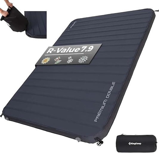 KingCamp Double Sleeping Pad, 2 Person Queen R 7.1/7.9 Self Inflating Sleeping Pad, 3" Ultra Thick Full Size Foam Mattress Mat for Outdoor Camping Tent Car, PVC Free (Grey)