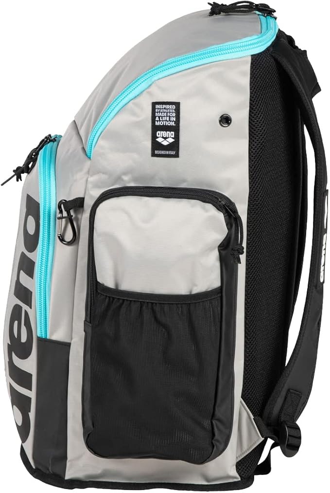 Arena Spiky III Backpack 45 Swimming Athlete Sports Gym Rucksack Large Training Gear Equipment Swim Bag for Men and Women, 45 Liters, Ice/Blue Sky