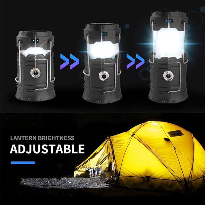 LED Camping Lantern, Solar and Rechargeable Lantern Flashlight Collapsible and Portable Light for Daily/Camp/Hiking/Night Fishing/Emergency/Hurricanes/Storm(Black, 1 Pack)