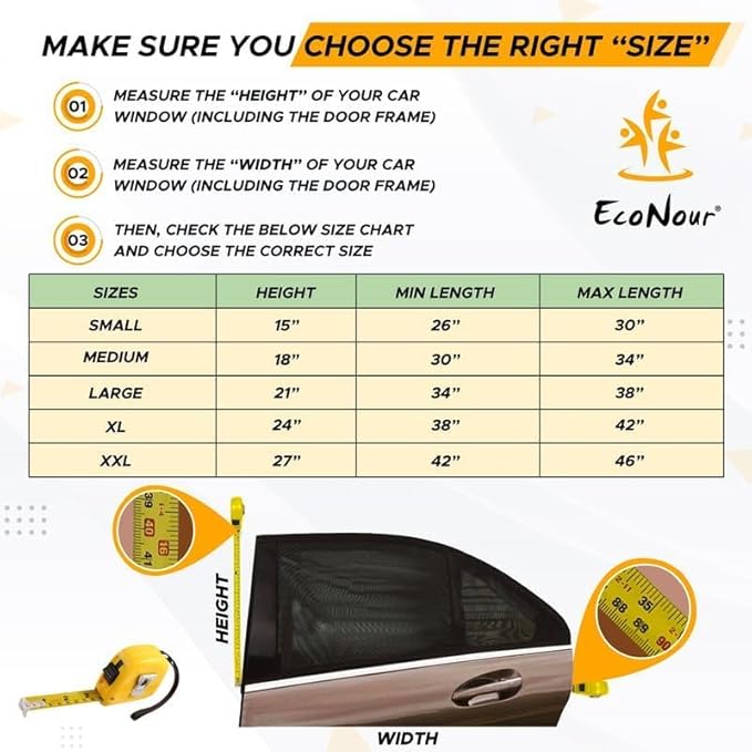 EcoNour Car Window Shades for Baby (Pack of 2) | Sun Shade for Car Heat and UV Protection | Adjustable Elastic Fabric Side Window Shade for Baby | Rear Side Window Sunshade (Large 38"x21")