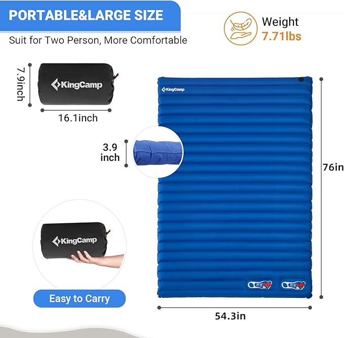 KINGCAMP Double Sleeping Pad, Comfortable Extra Thick 3.9in Camping Mattress 2 Person, Lightweight Inflatable Air Mat for Backpacking, Hiking, Tent