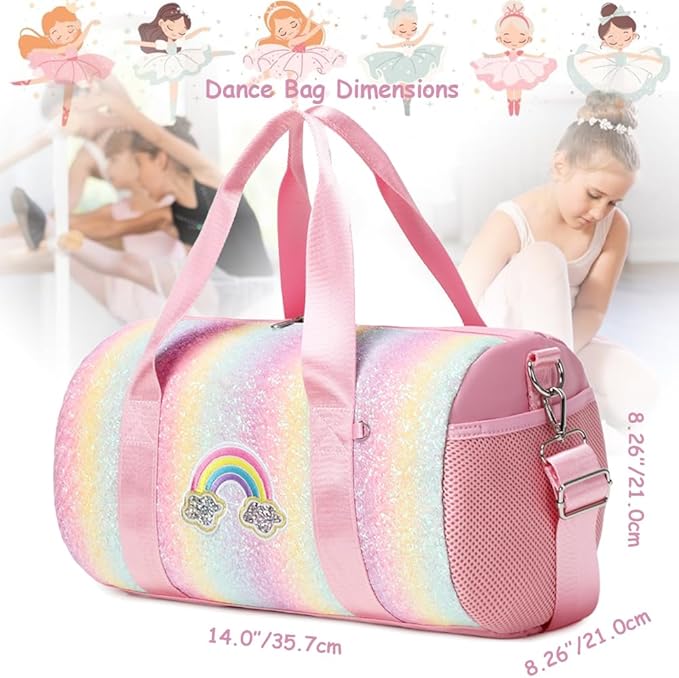 Ballet Dance Bag for Girls Dancers Shiny Rainbow Glitter Sports Duffle Bag for Kids Girls Ballerina Duffle with Shoulder Strap and Waterproof Wet Pocket