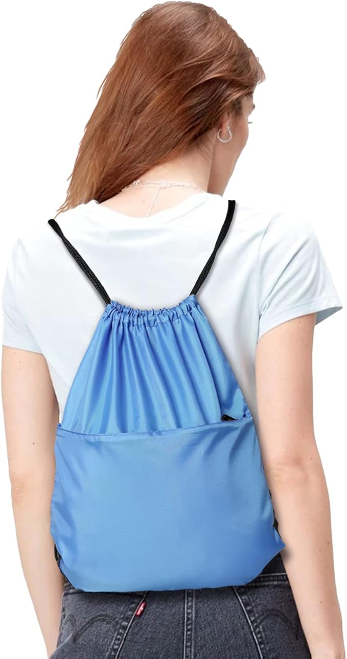 BuyAgain Drawstring Backpack Sports Water Resistant String Bag Sport Gym Sackpack for Women Men Large with Zipper, Baby Blue