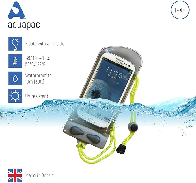 Aquapac Waterproof Phone Case, Medium, Grey, Lanyard, iPhone and Android, Made in The UK, Hiking, Mountain Biking, Running Accessory, Travel Essential, 5 Year Warranty. IPX8 Certified to 30 ft deep.