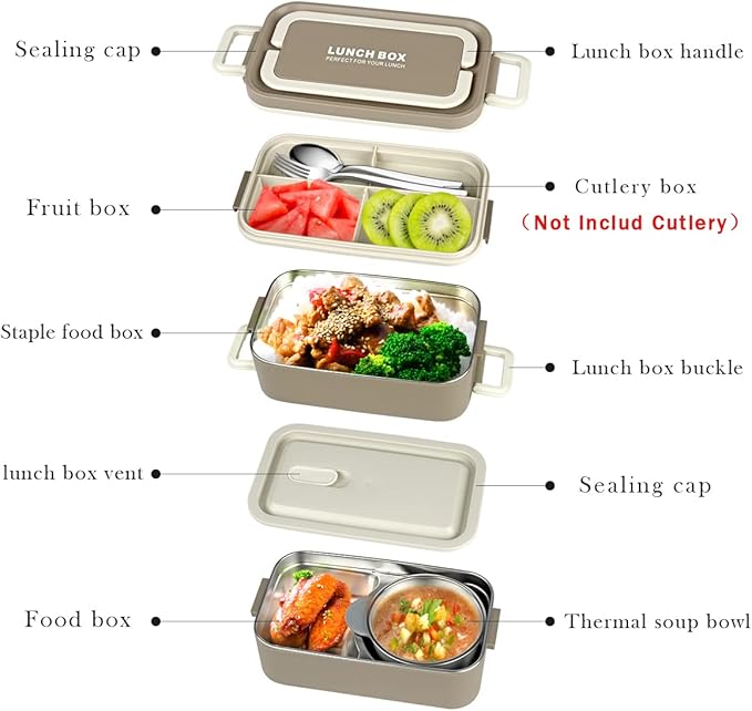 Bento Box Adult Lunch Box, Portable Insulated Lunch Containers Set, 2-Tier Stackable Stainless Steel Bento Boxes with Thermal Lunch Bag Soup Bowl, Leakproof Food Container