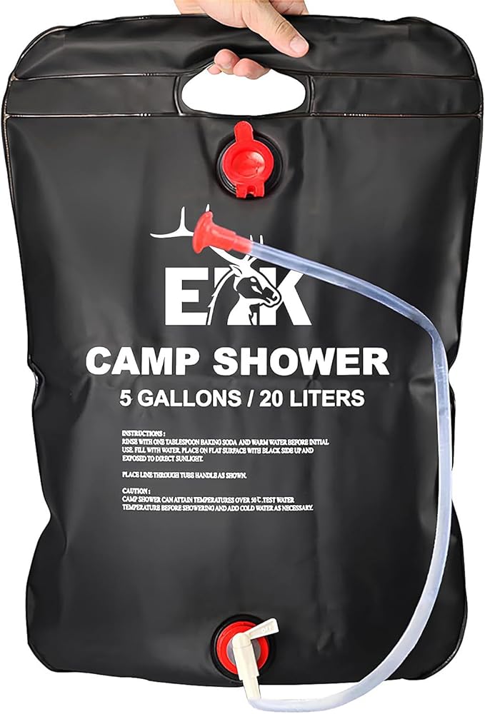 ELK Solar Heated Portable Shower Bag with Removable Hose - Ideal for Camping, Hiking, and Travel - 5 Gallon Capacity for Multiple Showers