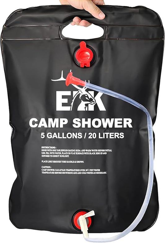 ELK Solar Heated Portable Shower Bag with Removable Hose - Ideal for Camping, Hiking, and Travel - 5 Gallon Capacity for Multiple Showers